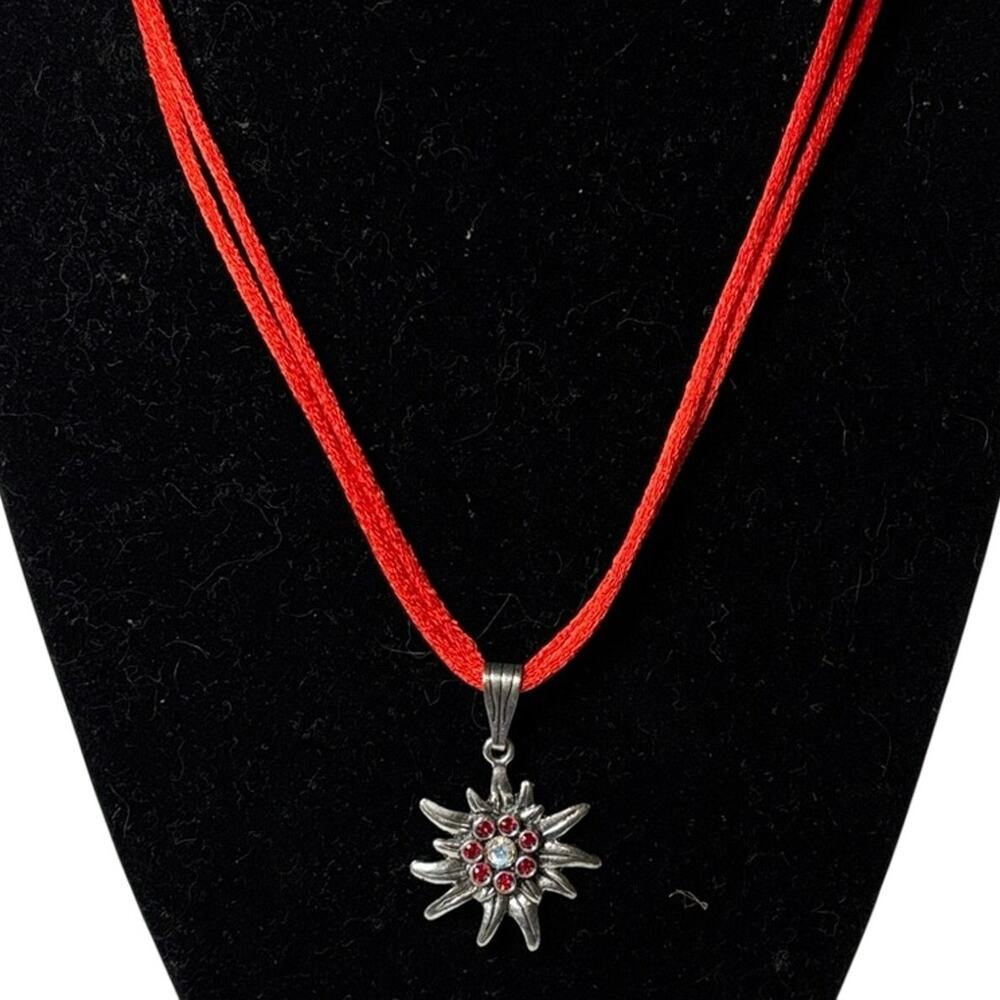Vintage Style Edelweiss Flower Pendant Necklace Red Cord Rhinestone